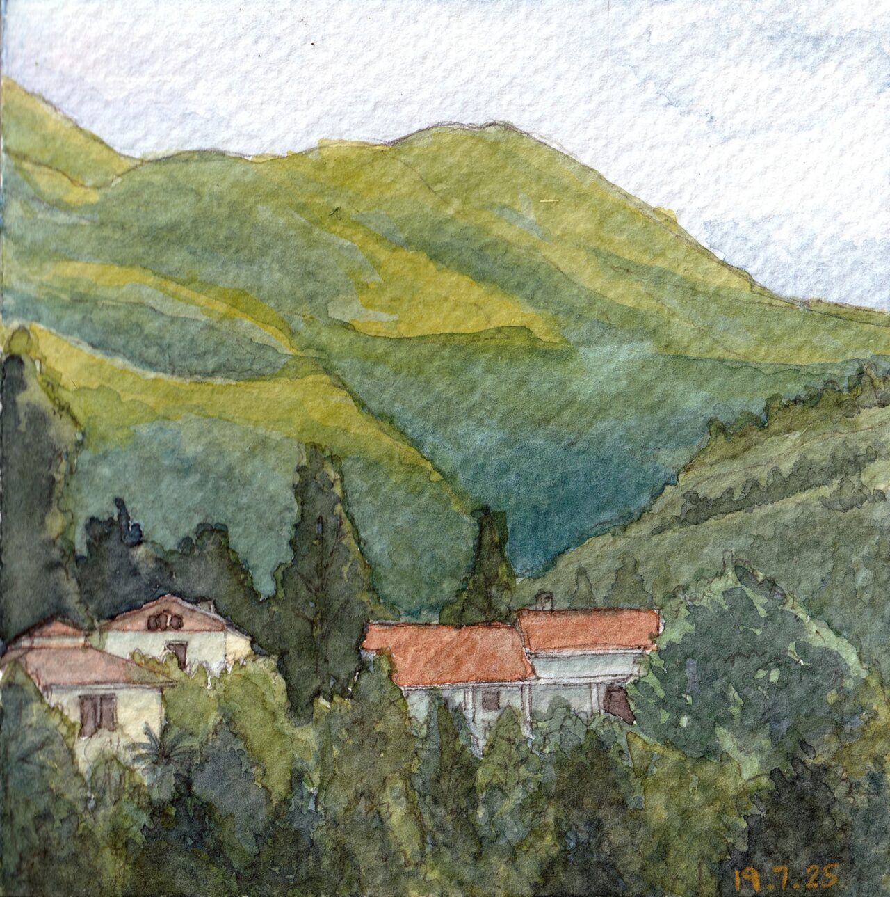 A watercolor painting of Galata Village in Cyprus