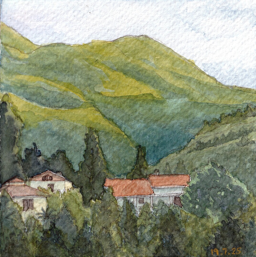 A watercolor painting of Galata Village in Cyprus