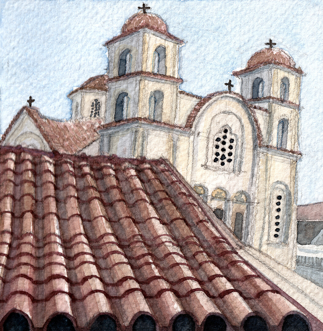 A watercolor painting of the church in Galata village, Cyprus