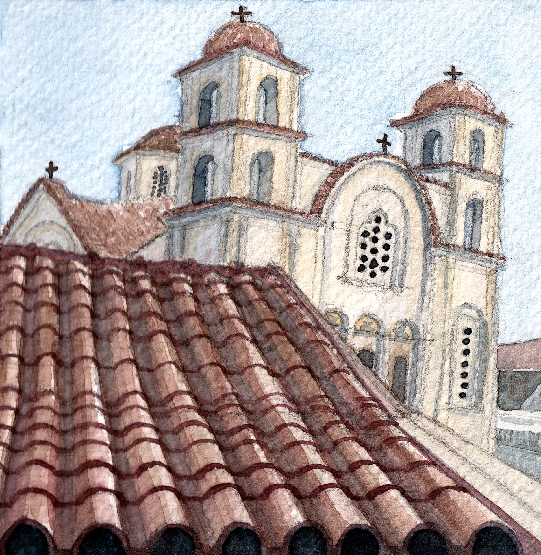 A watercolor painting of the church in Galata village, Cyprus