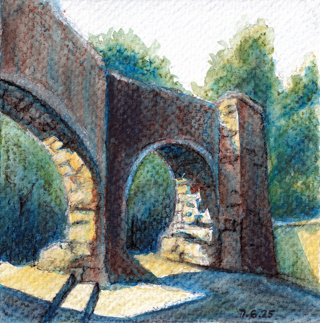 A water soluble pastel painting of the old Mill in Galata village, Cyprus. Painted with Caran d'ache neocolor ii 2