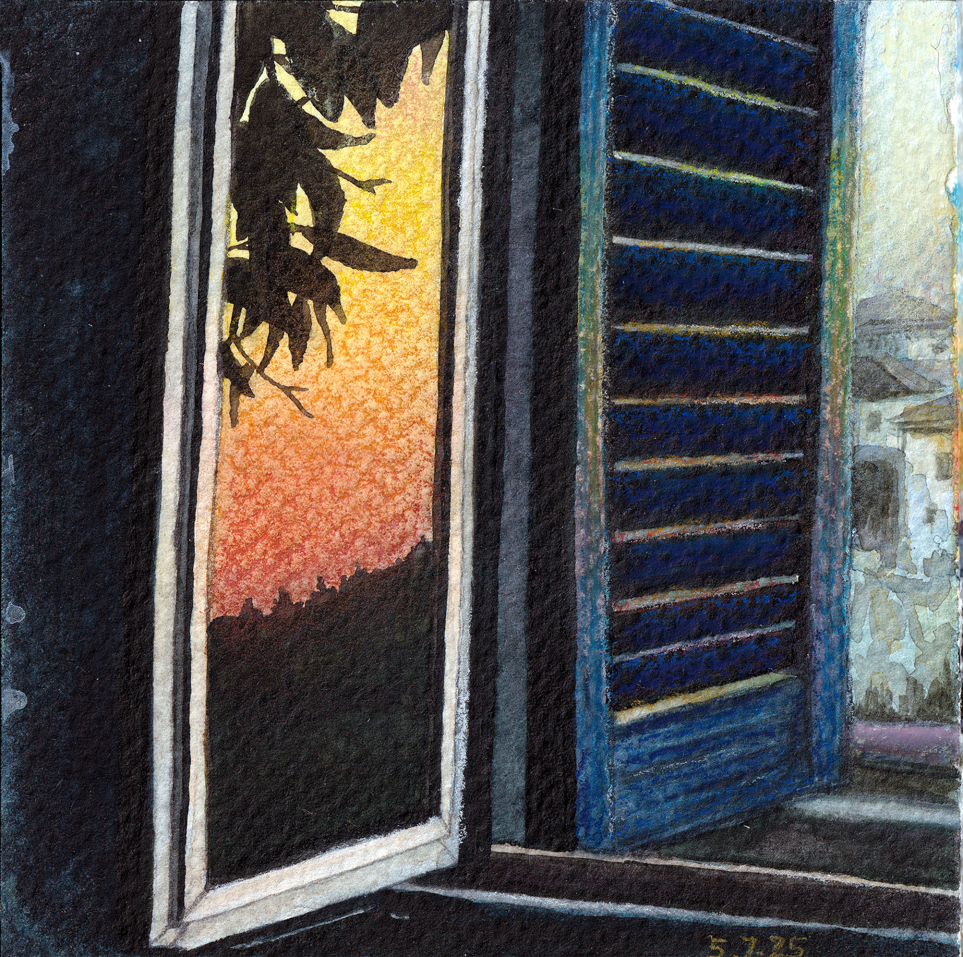 A water soluble pastels painting of the reflection of an orange sunset in our window in Galata village, Cyprus