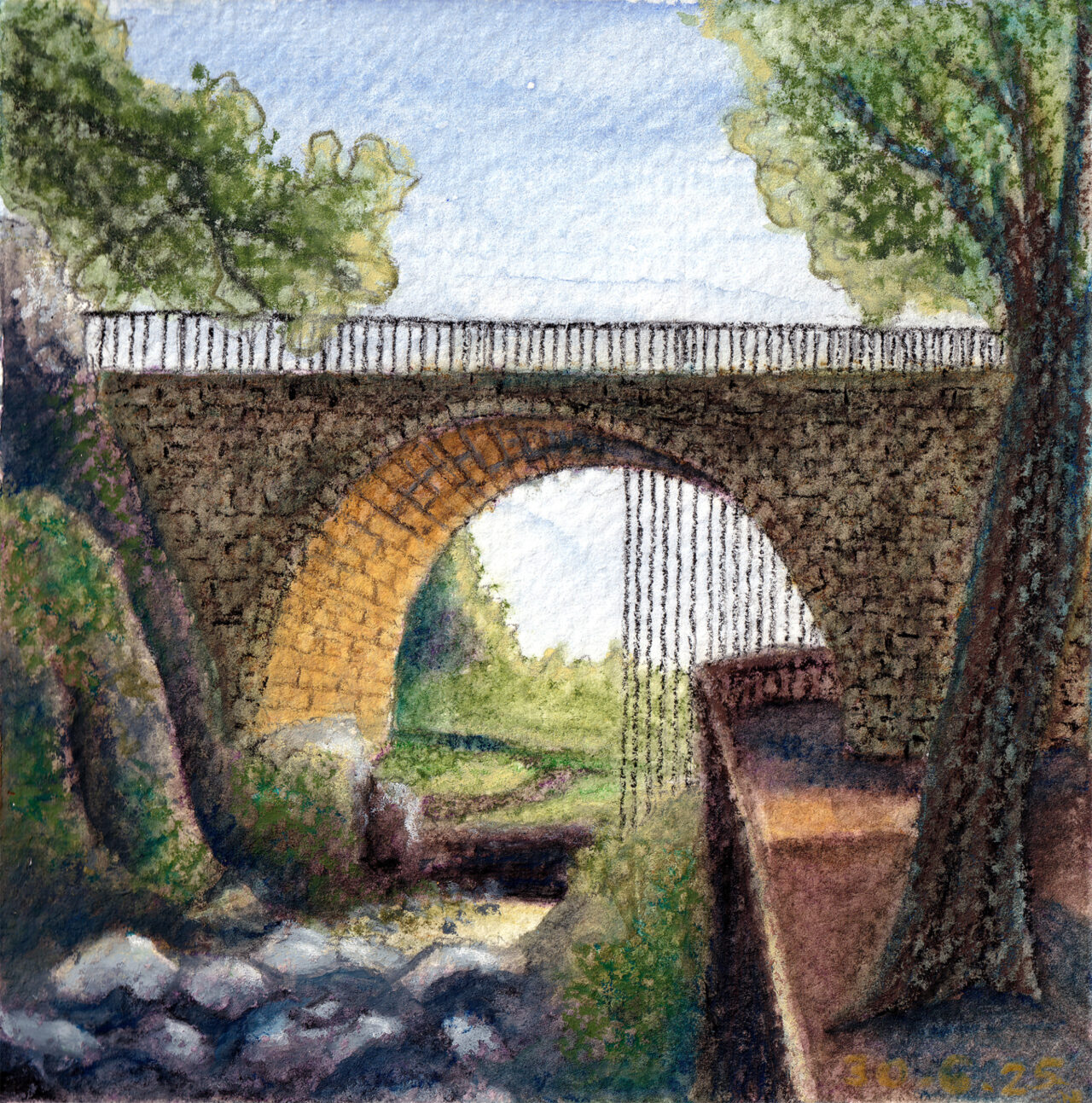 A water soluble pastels painting of an old bridge in Kakopetria village, Cyprus. Painted with caran d'ache neocolor ii 2 pastels