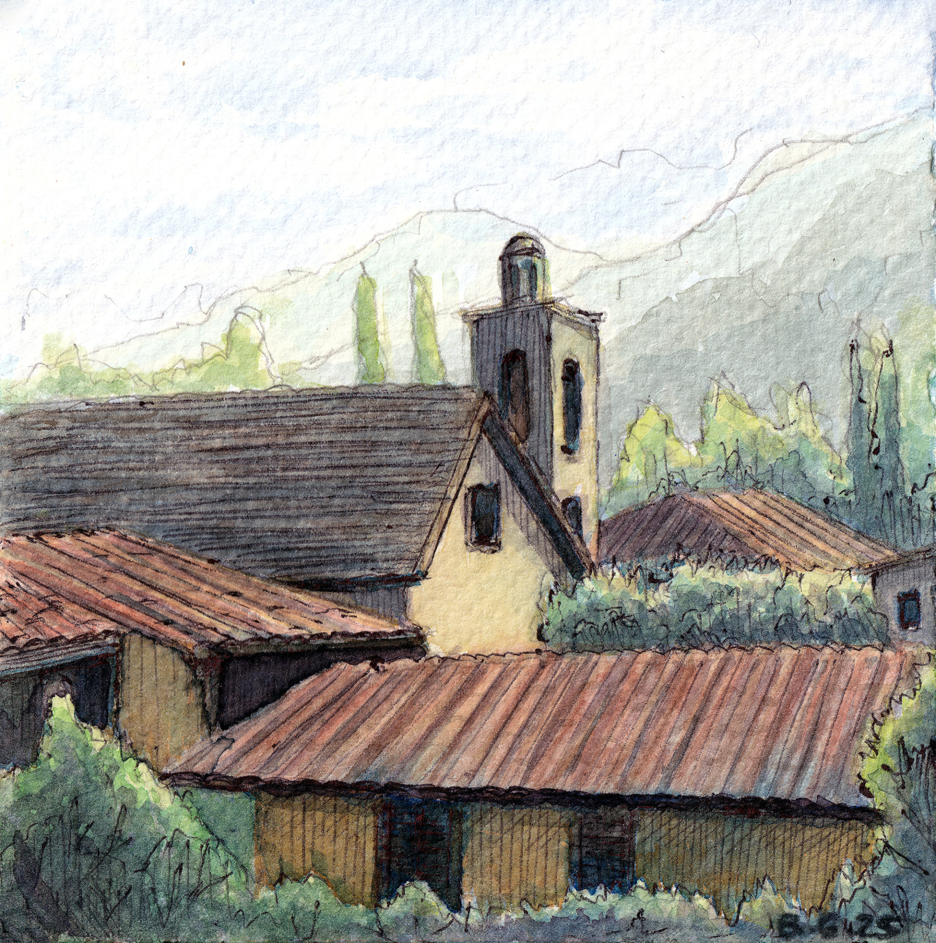 A watercolor urban sketch of the old village of Kakopetria, seen from the Mill Restaurant.