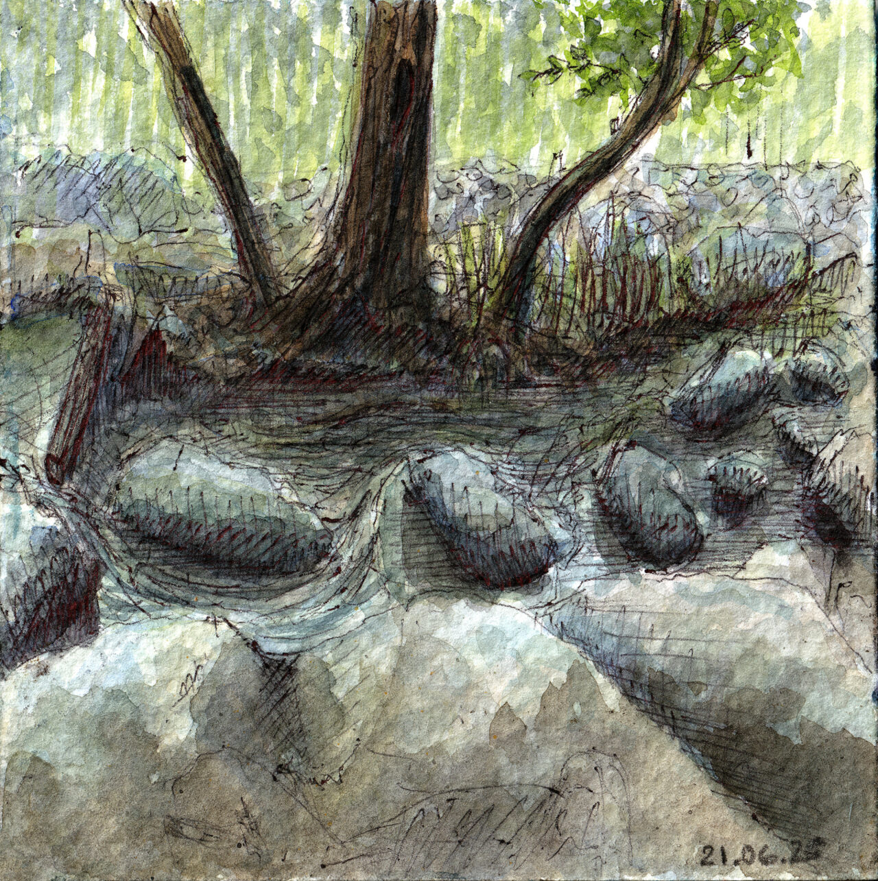 A plein-air watercolor painting of the river in Kakopetria village, Cyprus