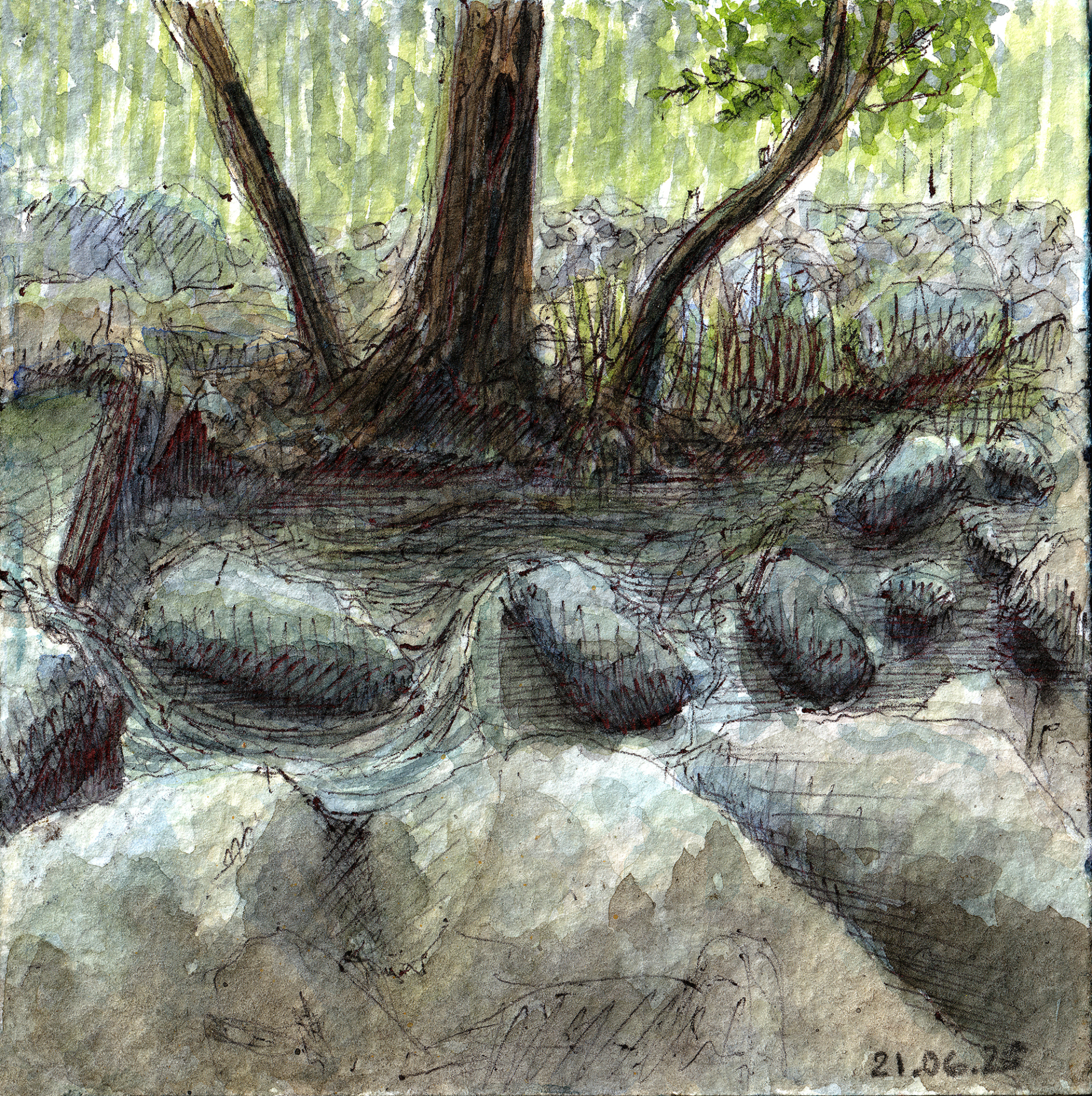 A plein-air watercolor painting of the river in Kakopetria village, Cyprus
