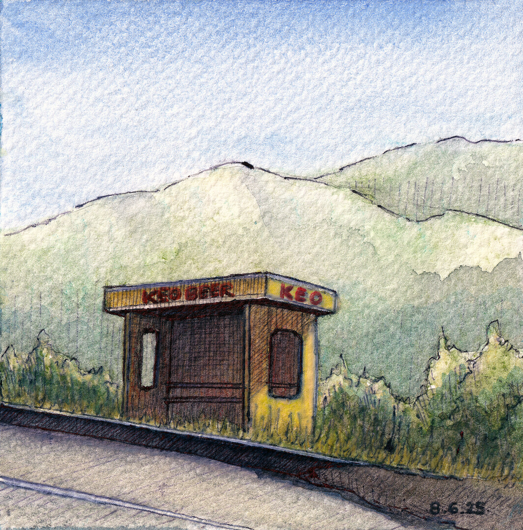 A water soluble pastels sketch of an old bus station in Galata village, Cyprus