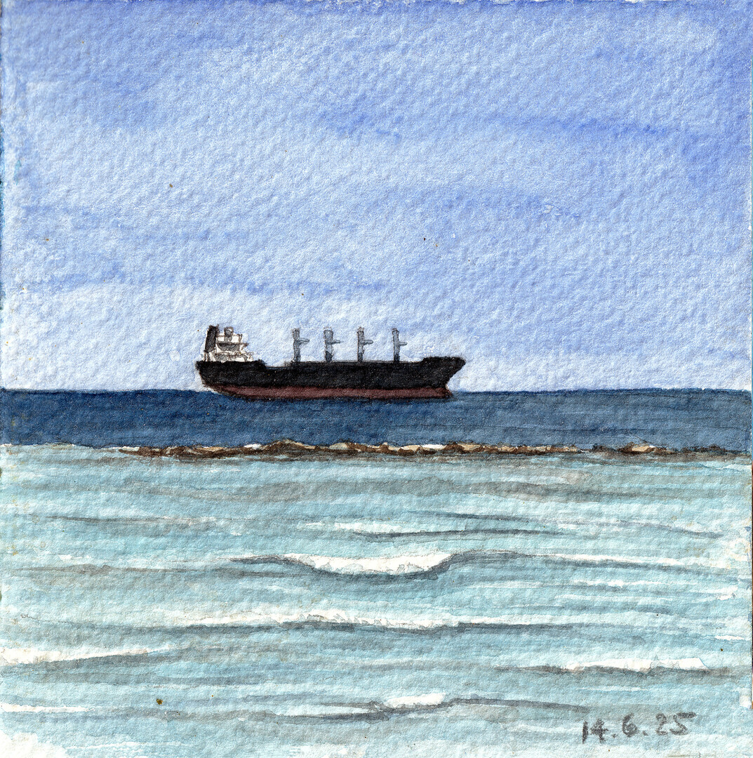 A watercolor painting of a ship in Larnaca, Cyprus
