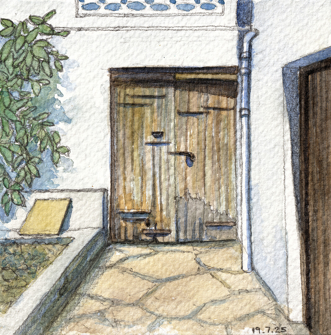 Watercolor painting of an old wooden door belonging to Mastre Philippos in Galata village, Cyprus