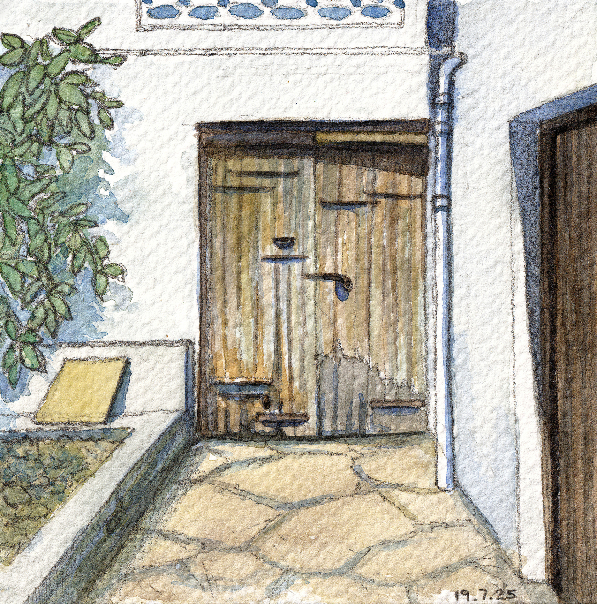 Watercolor painting of an old wooden door belonging to Mastre Philippos in Galata village, Cyprus