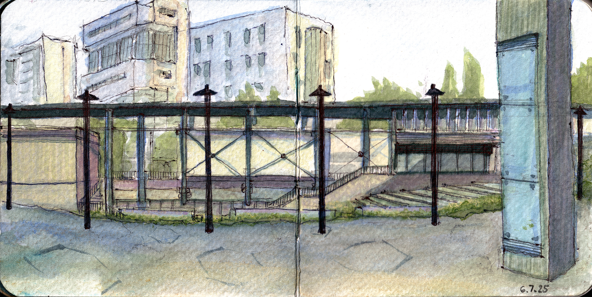 An urban watercolor sketch of the new G.S.P. Park in Nicosia