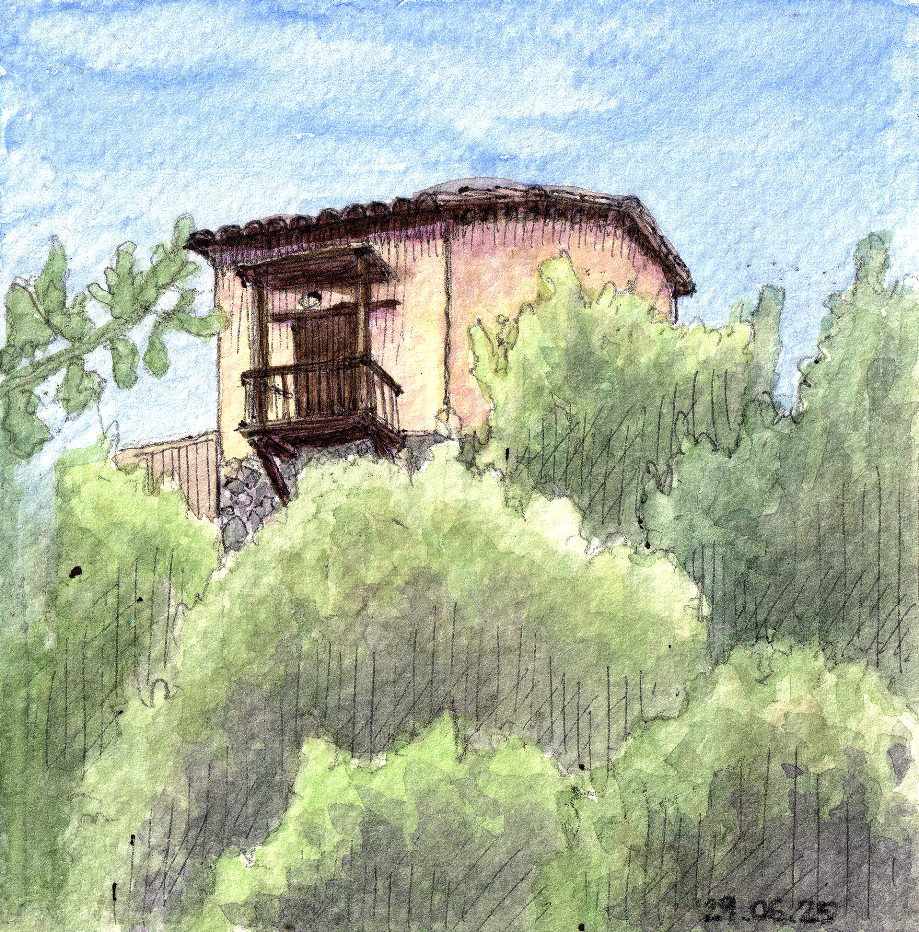 A watercolor painting of an old house in Kakopetria village, Cyprus