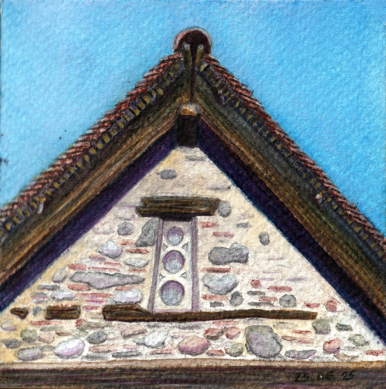 A water soluble pastel painting of a detail of the church of Panagia Theotokos in Galata village, Cyprus. Painted with Neocolor ii 2 by Caran d' Ache