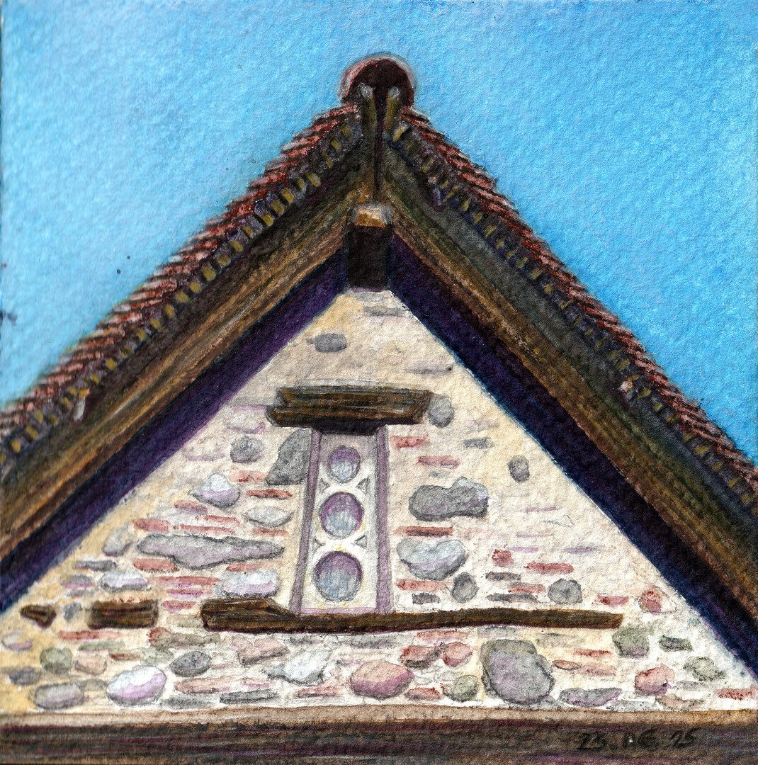 A water soluble pastel painting of a detail of the church of Panagia Theotokos in Galata village, Cyprus. Painted with Neocolor ii 2 by Caran d' Ache