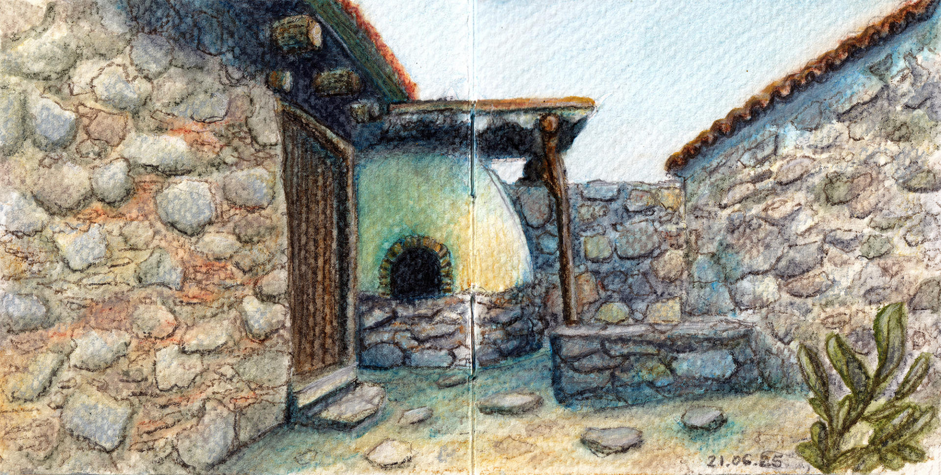 A water soluble pastel urban sketch of an old bread oven in Phikardou village, Cyprus. Painted with Caran d'Ache neocolor ii 2 pastels