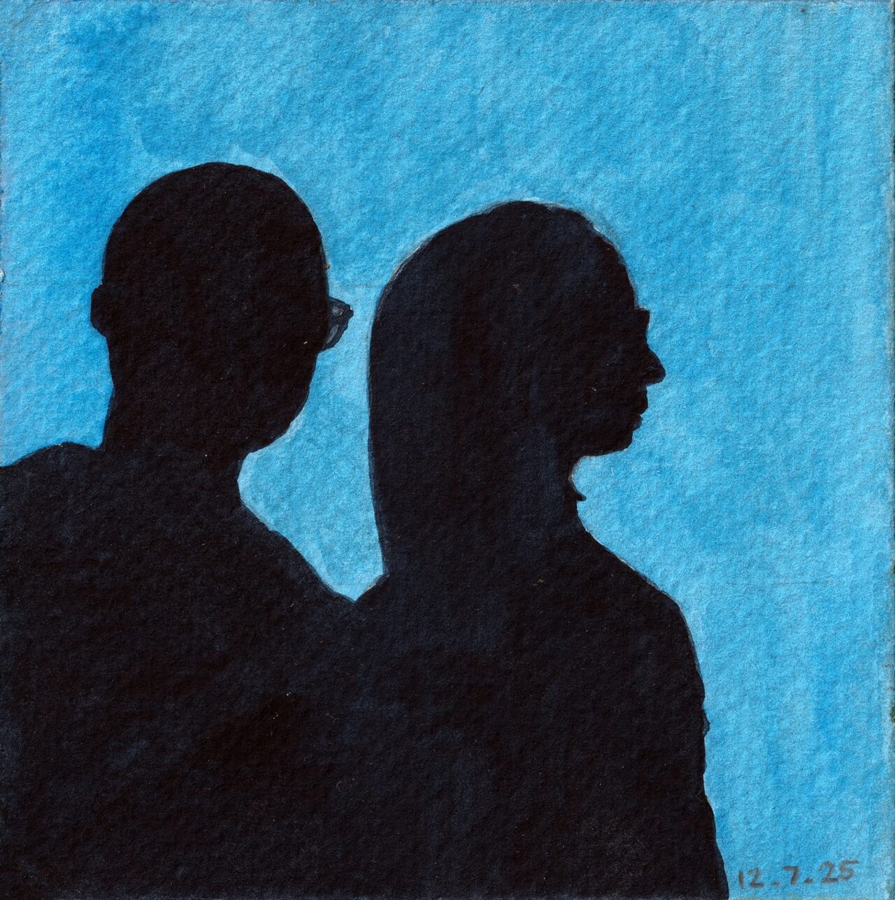 A watercolor painting of our shadows on a blue door in Galata, Cyprus