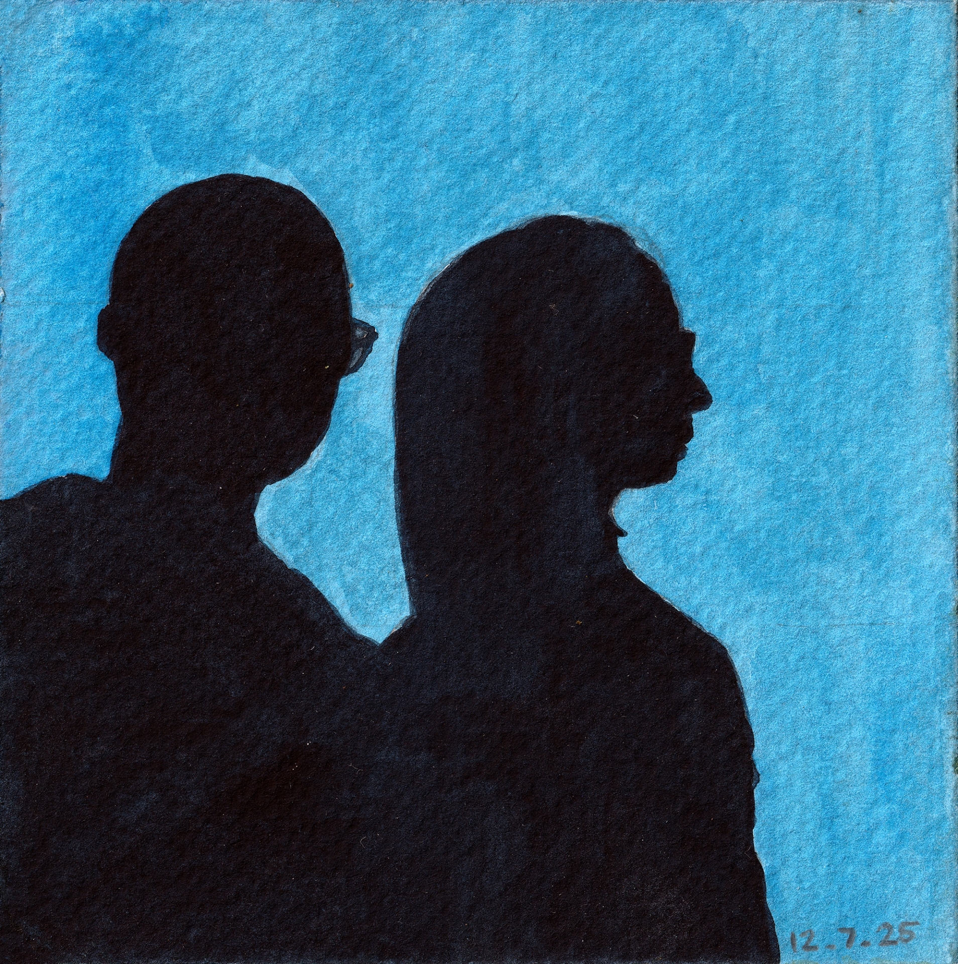 A watercolor painting of our shadows on a blue door in Galata, Cyprus