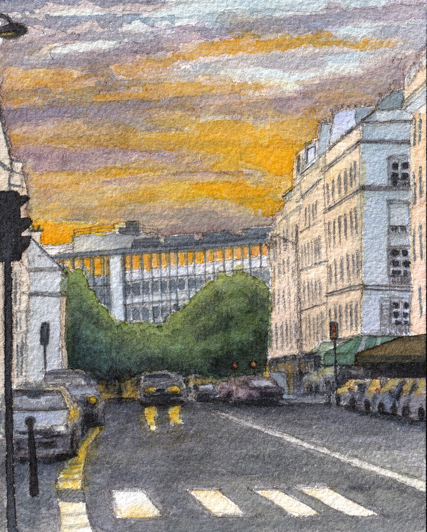 Jussieu Sunset, Paris Watercolor painting, 10x12.5cm