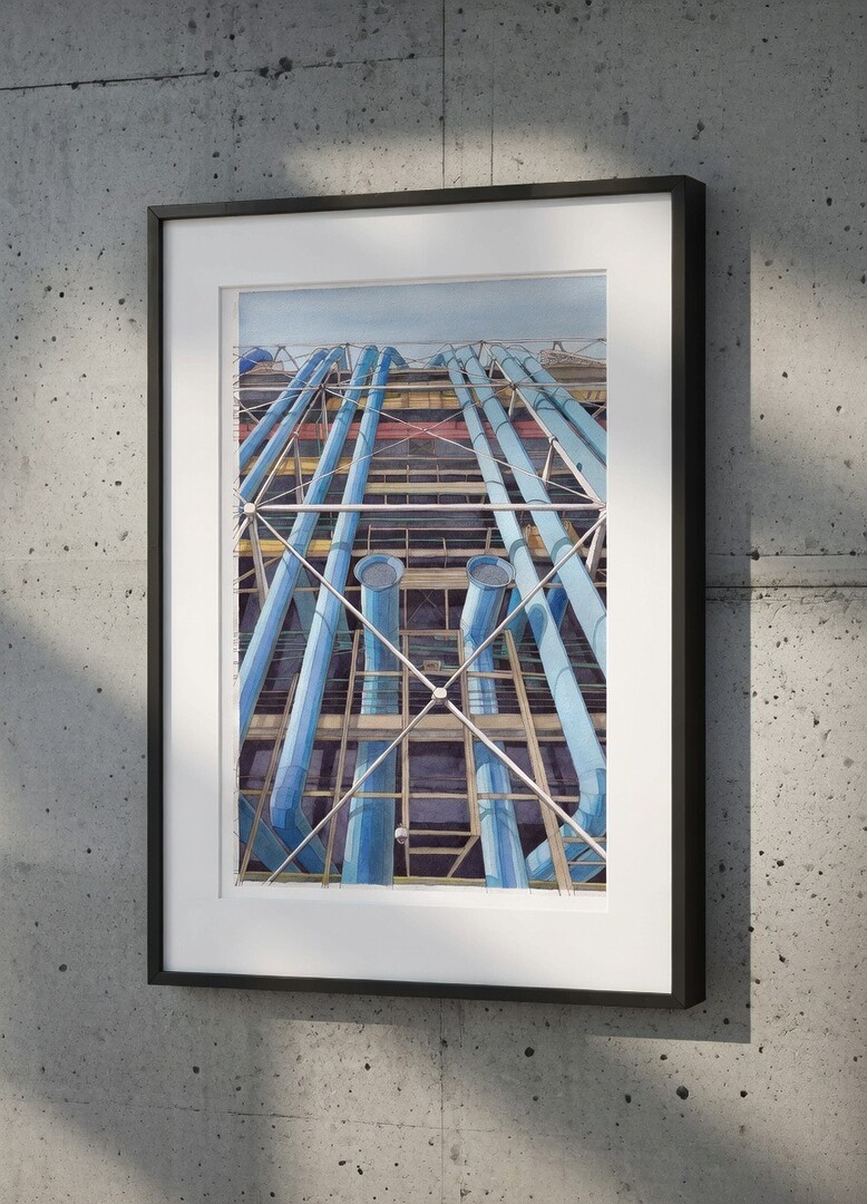 Pompidou Watercolor Painting, A3 Framed